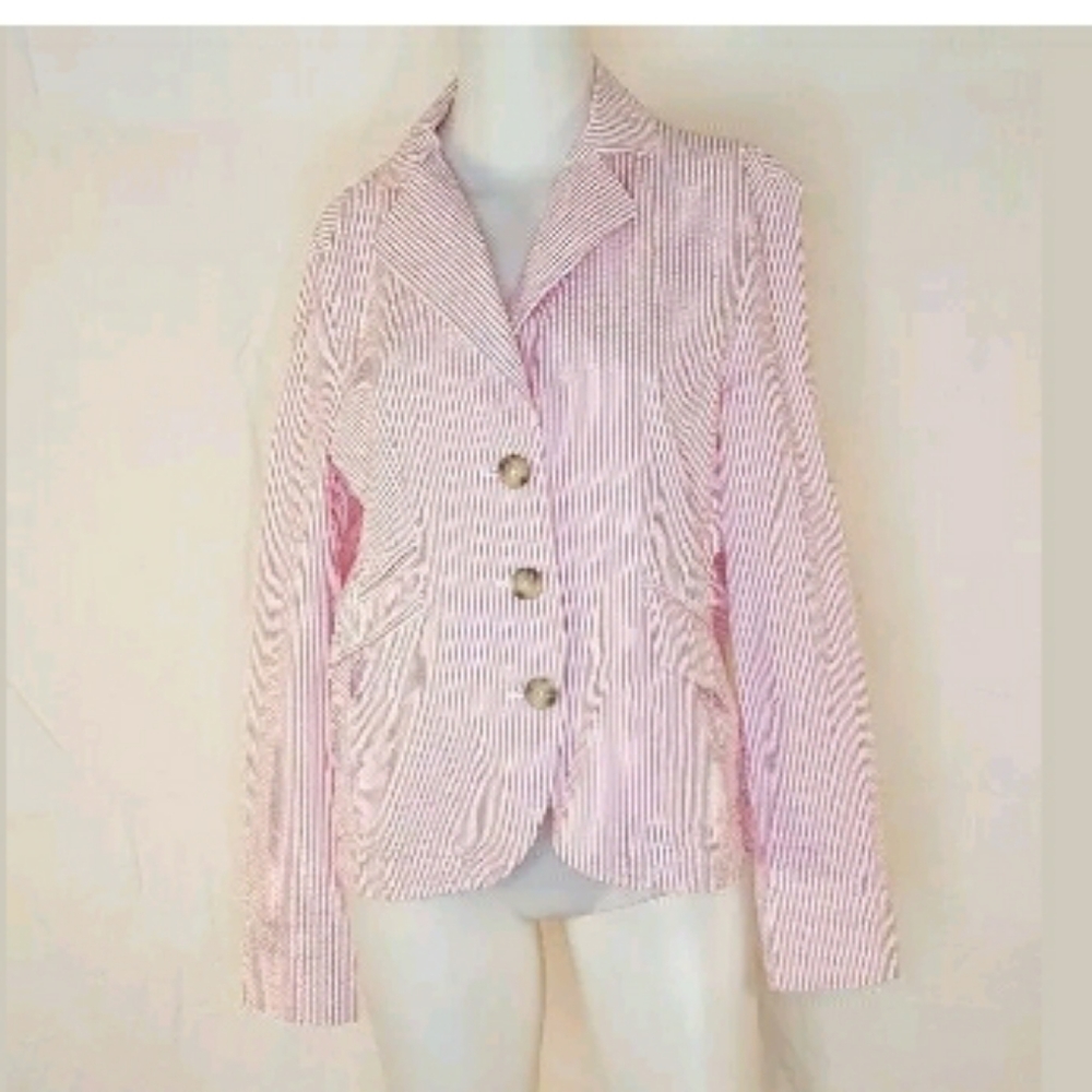 L.L Bean Seersucker Pink White Jacket V-neck Three